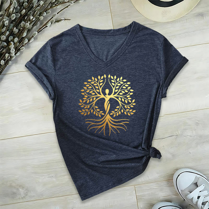 T-shirt Olivenorma à col en V pour femme, motif spirituel Arbre de Vie et silhouette humaine en feuille d'or - image 22