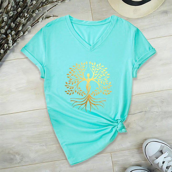 T-shirt Olivenorma à col en V pour femme, motif spirituel Arbre de Vie et silhouette humaine en feuille d'or - image 10