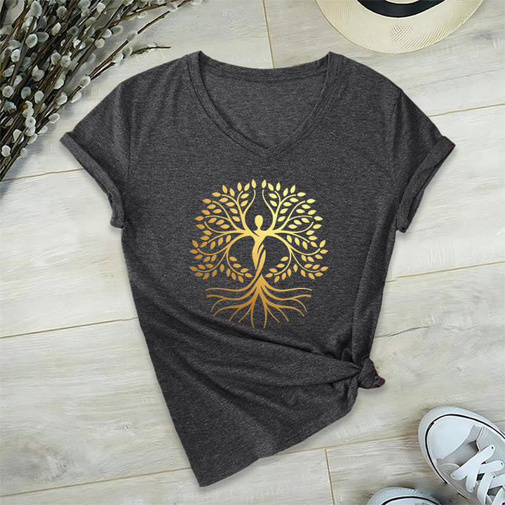T-shirt Olivenorma à col en V pour femme, motif spirituel Arbre de Vie et silhouette humaine en feuille d'or - image 16