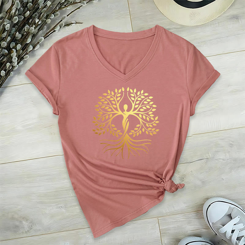 T-shirt Olivenorma à col en V pour femme, motif spirituel Arbre de Vie et silhouette humaine en feuille d'or - image 7
