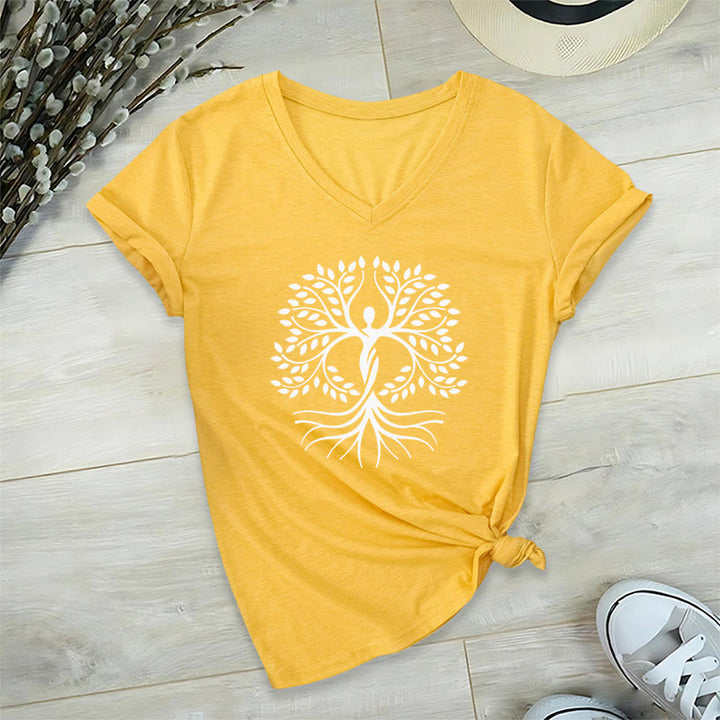 T-shirt Olivenorma à col en V pour femme, motif spirituel Arbre de Vie et silhouette humaine en feuille d'or - image 31