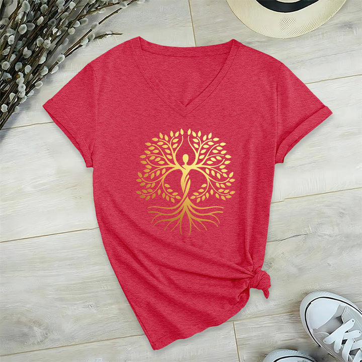 T-shirt Olivenorma à col en V pour femme, motif spirituel Arbre de Vie et silhouette humaine en feuille d'or - image 28