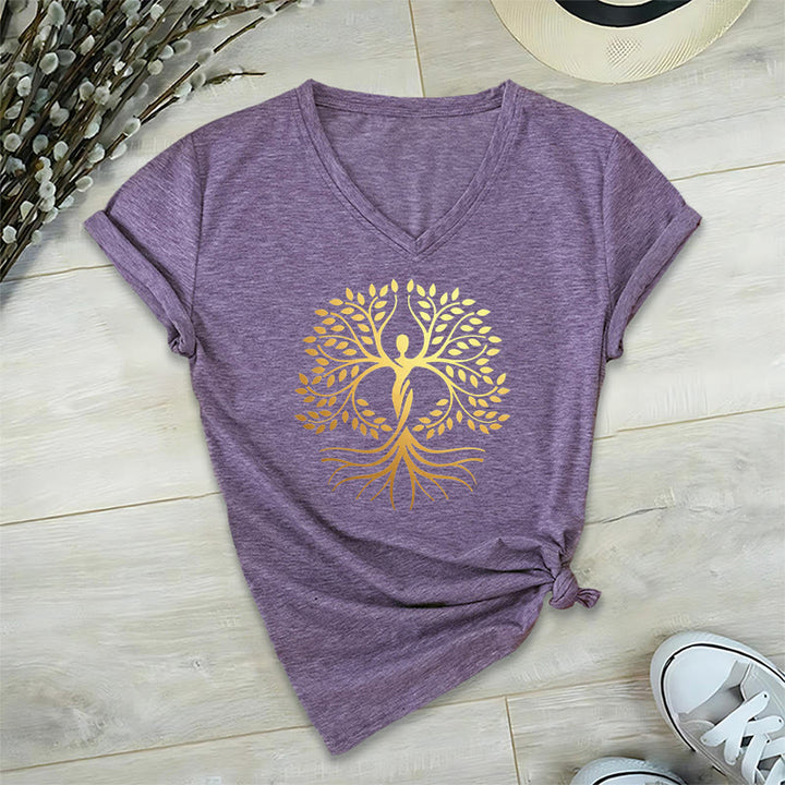 T-shirt Olivenorma à col en V pour femme, motif spirituel Arbre de Vie et silhouette humaine en feuille d'or - image 37