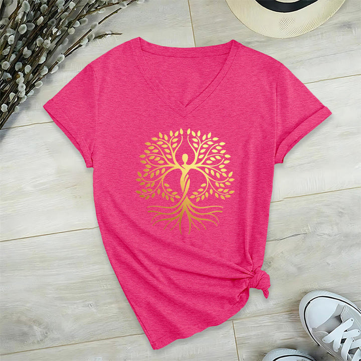 T-shirt Olivenorma à col en V pour femme, motif spirituel Arbre de Vie et silhouette humaine en feuille d'or - image 34