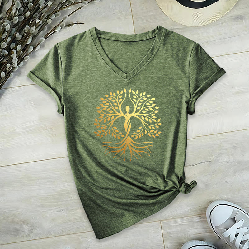 T-shirt Olivenorma à col en V pour femme, motif spirituel Arbre de Vie et silhouette humaine en feuille d'or - image 1