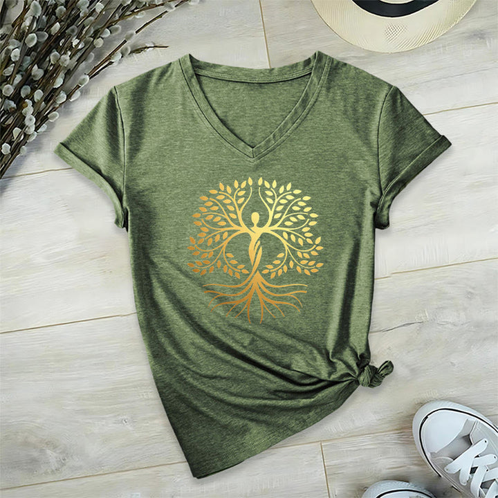T-shirt Olivenorma à col en V pour femme, motif spirituel Arbre de Vie et silhouette humaine en feuille d'or - image 1