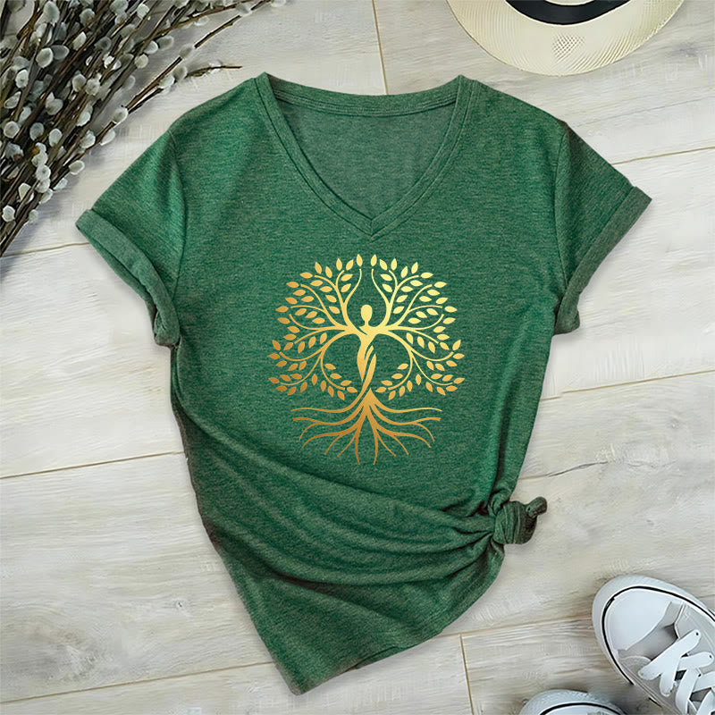 T-shirt Olivenorma à col en V pour femme, motif spirituel Arbre de Vie et silhouette humaine en feuille d'or - image 25