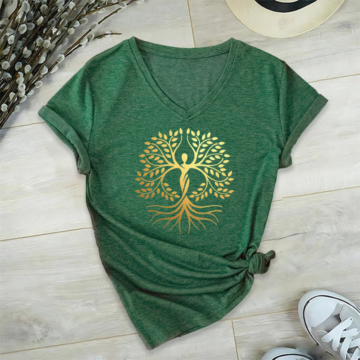 T-shirt Olivenorma à col en V pour femme, motif spirituel Arbre de Vie et silhouette humaine en feuille d'or - image 25