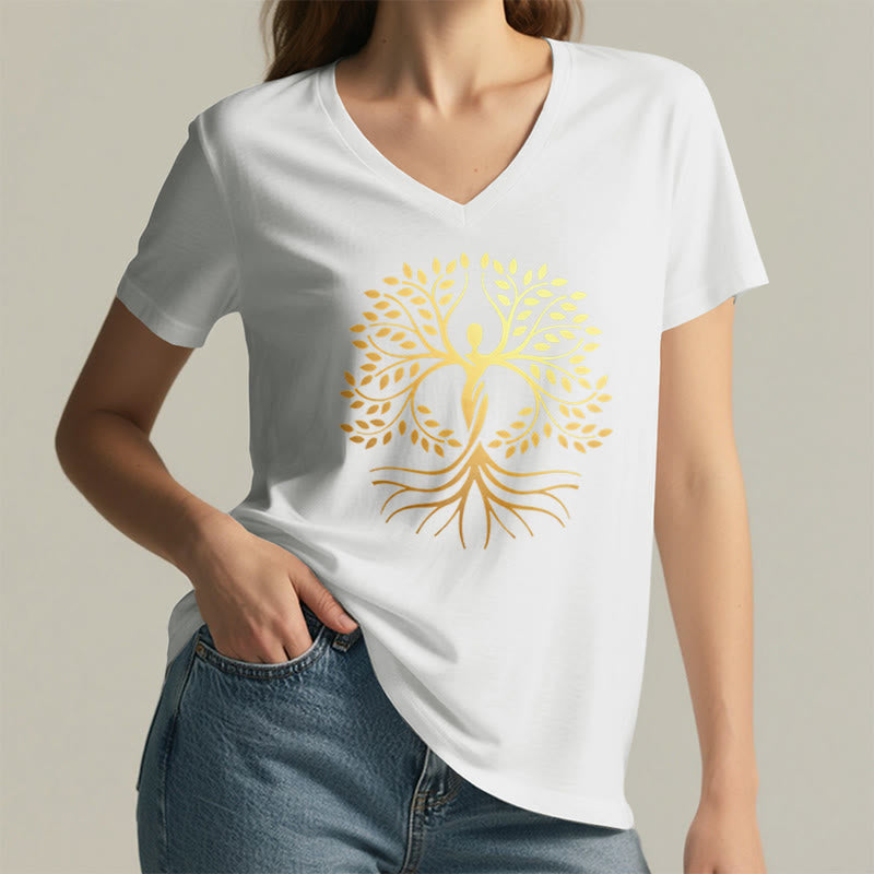 T-shirt Olivenorma à col en V pour femme, motif spirituel Arbre de Vie et silhouette humaine en feuille d'or - image 20