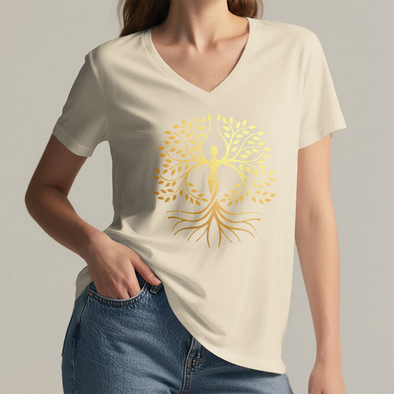T-shirt Olivenorma à col en V pour femme, motif spirituel Arbre de Vie et silhouette humaine en feuille d'or - image 5