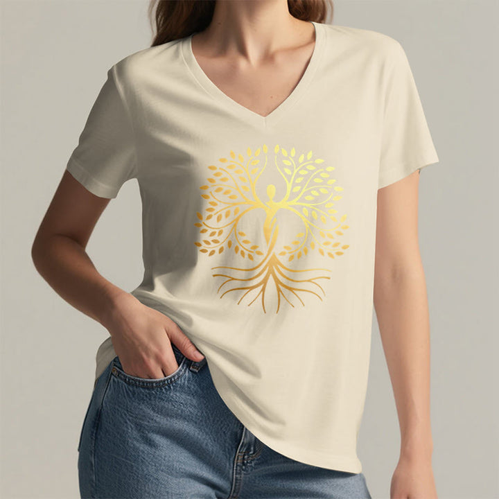 T-shirt Olivenorma à col en V pour femme, motif spirituel Arbre de Vie et silhouette humaine en feuille d'or - image 5