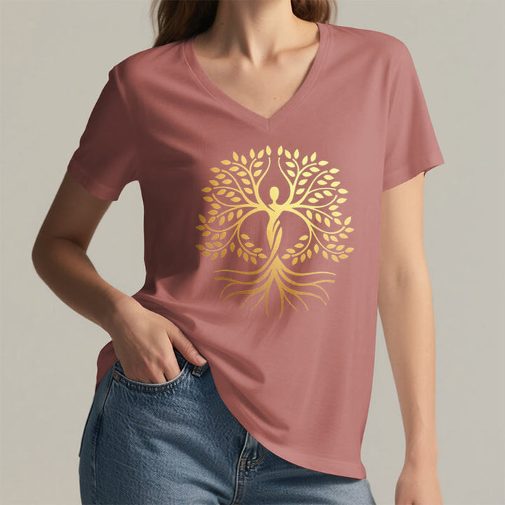 T-shirt Olivenorma à col en V pour femme, motif spirituel Arbre de Vie et silhouette humaine en feuille d'or - image 8