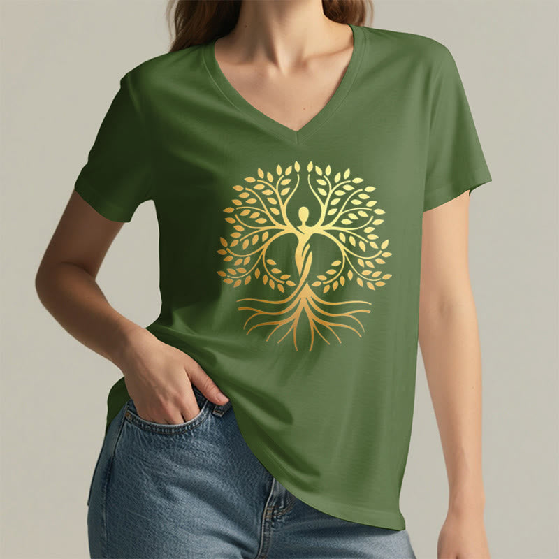 T-shirt Olivenorma à col en V pour femme, motif spirituel Arbre de Vie et silhouette humaine en feuille d'or - image 2