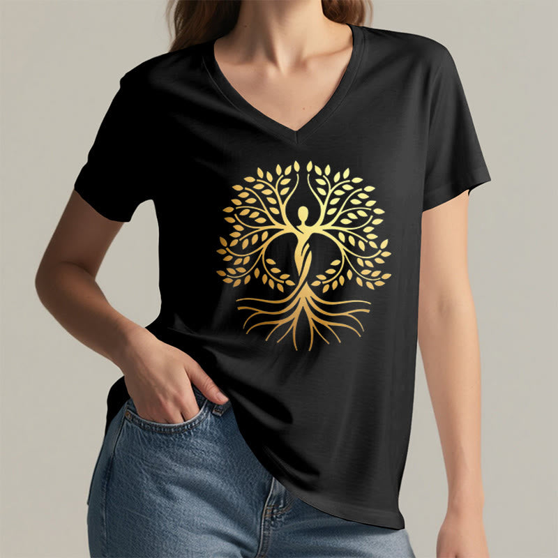 T-shirt Olivenorma à col en V pour femme, motif spirituel Arbre de Vie et silhouette humaine en feuille d'or - image 14