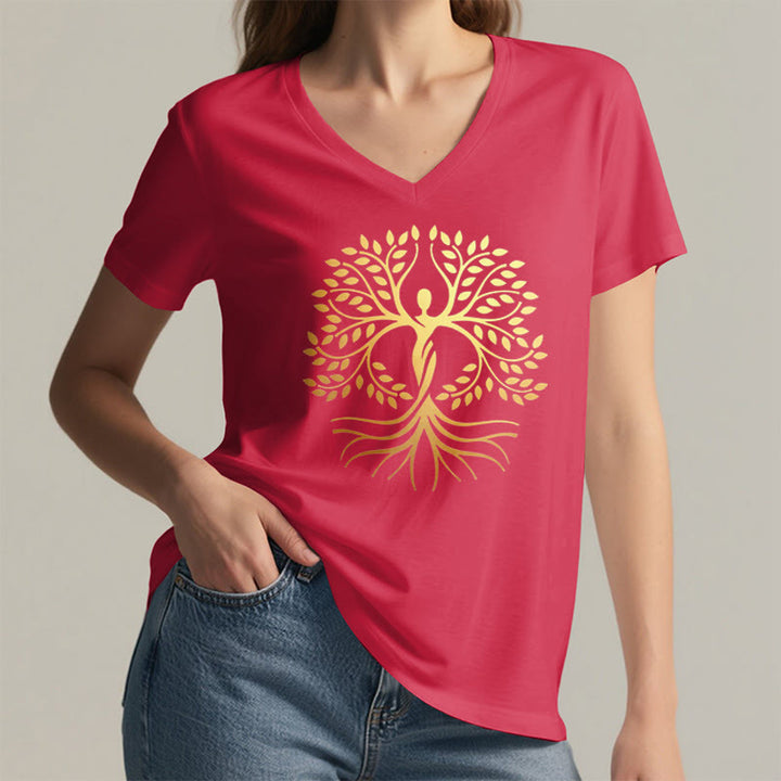 T-shirt Olivenorma à col en V pour femme, motif spirituel Arbre de Vie et silhouette humaine en feuille d'or - image 29