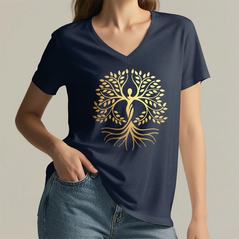 T-shirt Olivenorma à col en V pour femme, motif spirituel Arbre de Vie et silhouette humaine en feuille d'or - image 23