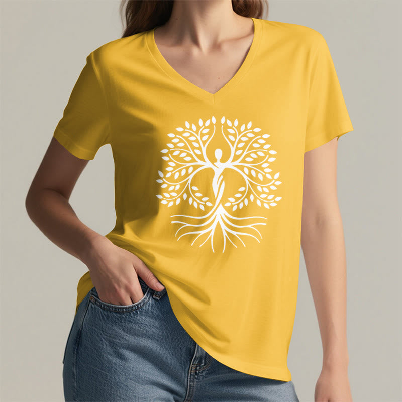 T-shirt Olivenorma à col en V pour femme, motif spirituel Arbre de Vie et silhouette humaine en feuille d'or - image 32