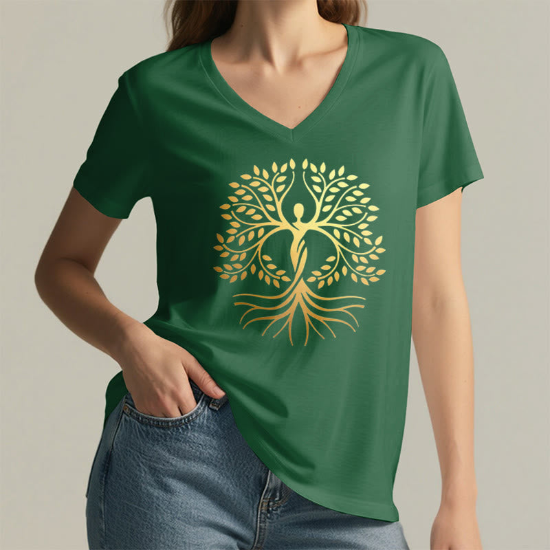 T-shirt Olivenorma à col en V pour femme, motif spirituel Arbre de Vie et silhouette humaine en feuille d'or - image 26