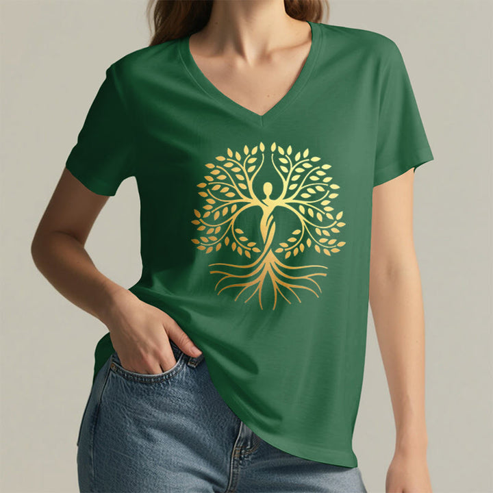 T-shirt Olivenorma à col en V pour femme, motif spirituel Arbre de Vie et silhouette humaine en feuille d'or - image 26