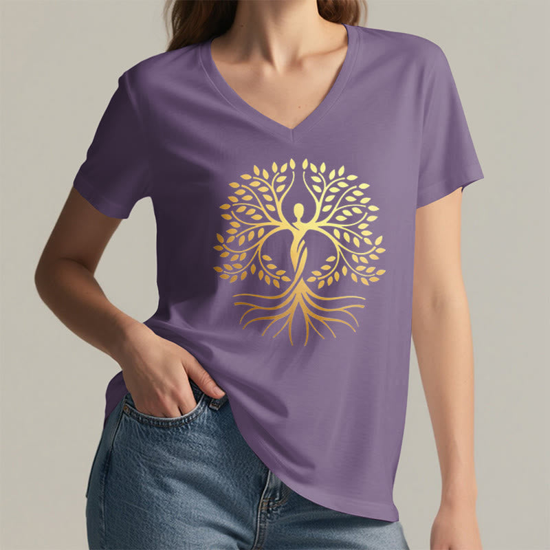 T-shirt Olivenorma à col en V pour femme, motif spirituel Arbre de Vie et silhouette humaine en feuille d'or - image 38