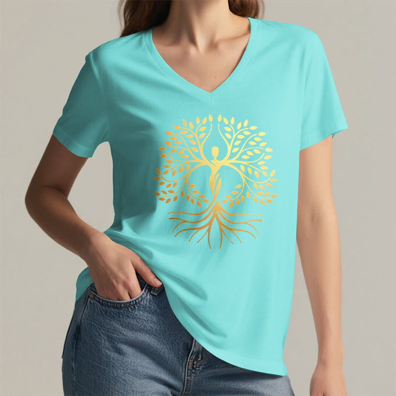 T-shirt Olivenorma à col en V pour femme, motif spirituel Arbre de Vie et silhouette humaine en feuille d'or - image 11