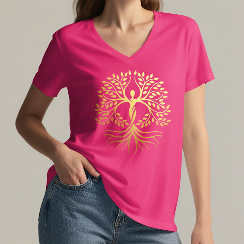 T-shirt Olivenorma à col en V pour femme, motif spirituel Arbre de Vie et silhouette humaine en feuille d'or - image 35