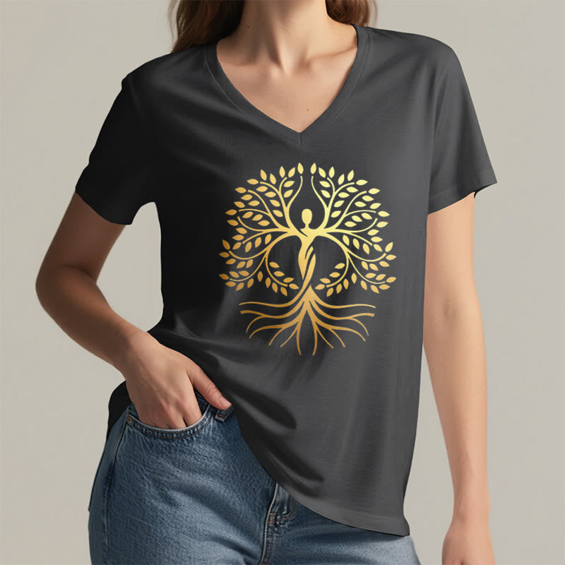 T-shirt Olivenorma à col en V pour femme, motif spirituel Arbre de Vie et silhouette humaine en feuille d'or - image 17