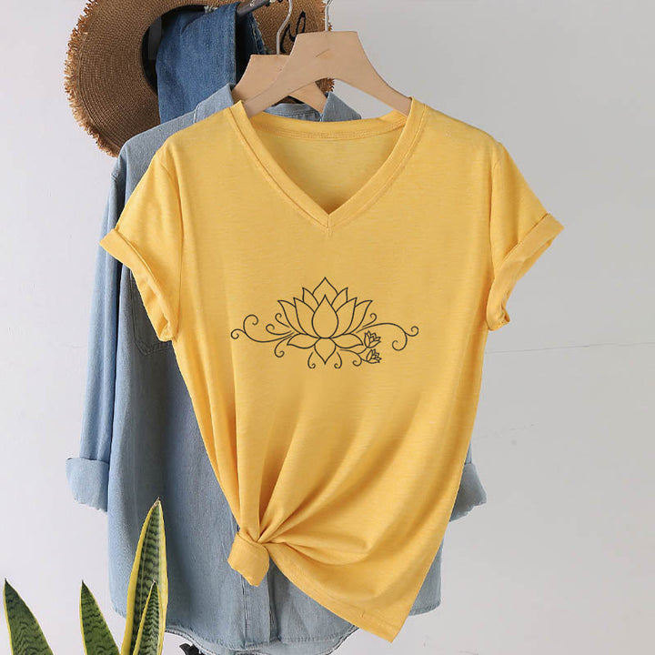 T-shirt Olivenorma à col en V pour femme, motif bohème, lignes blanches et lotus. - Jaune - 2XL - image 30