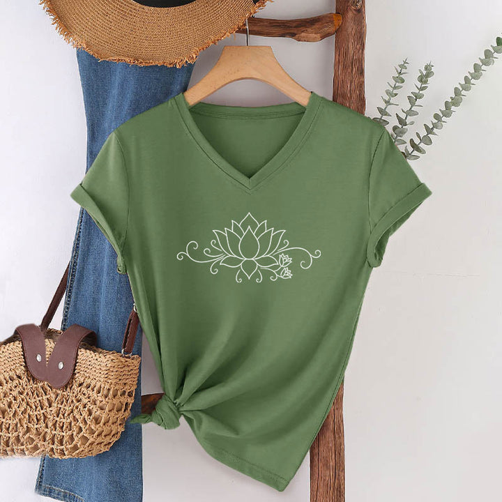 T-shirt Olivenorma à col en V pour femme, motif bohème, lignes blanches et lotus. - Vert olive - 2XL - image 3
