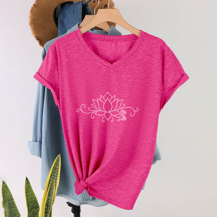 T-shirt Olivenorma à col en V pour femme, motif bohème, lignes blanches et lotus. - Rose rouge - 2XL - image 33