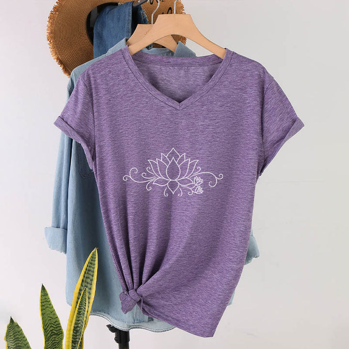 T-shirt Olivenorma à col en V pour femme, motif bohème, lignes blanches et lotus. - Violet - 2XL - image 36
