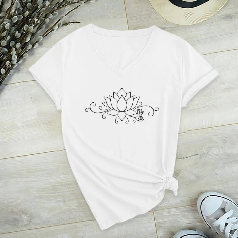 T-shirt Olivenorma à col en V pour femme, motif bohème, lignes blanches et lotus. - image 22