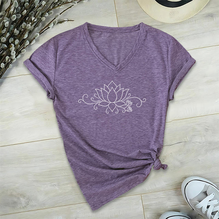 T-shirt Olivenorma à col en V pour femme, motif bohème, lignes blanches et lotus. - image 37