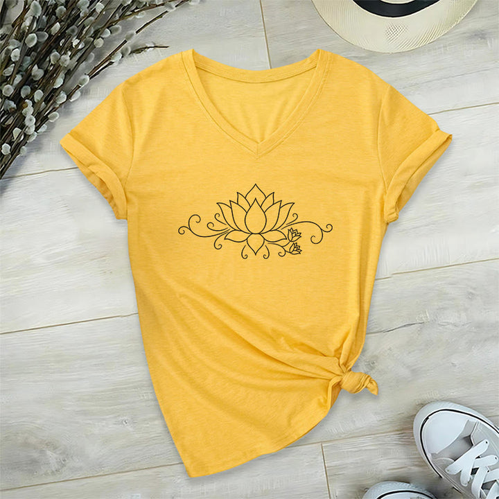 T-shirt Olivenorma à col en V pour femme, motif bohème, lignes blanches et lotus. - image 31