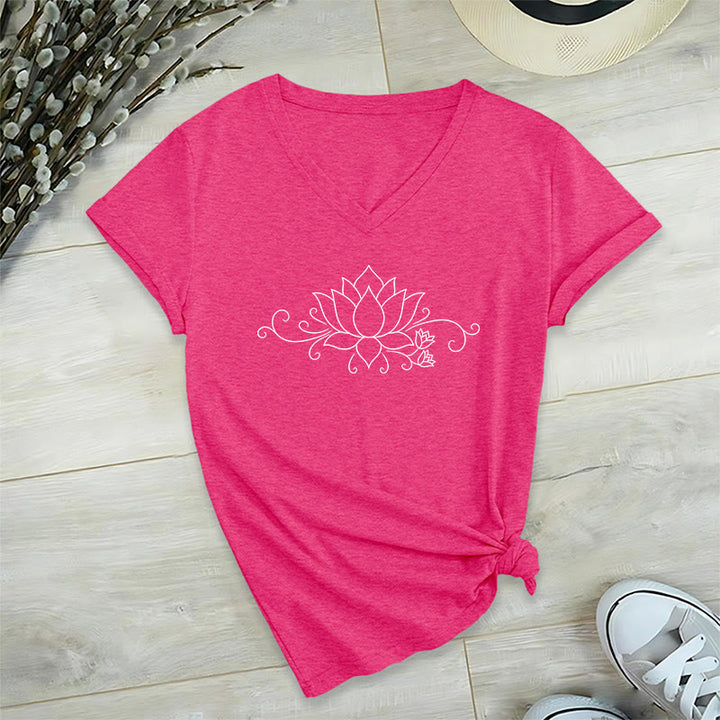 T-shirt Olivenorma à col en V pour femme, motif bohème, lignes blanches et lotus. - image 34