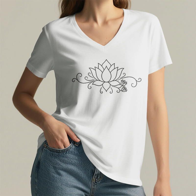 T-shirt Olivenorma à col en V pour femme, motif bohème, lignes blanches et lotus. - image 23