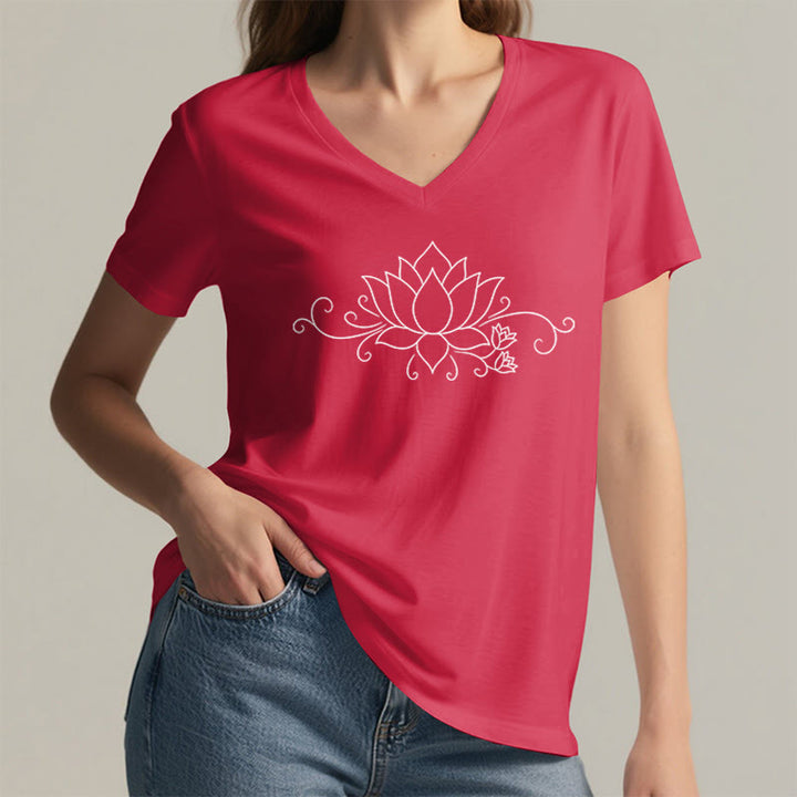 T-shirt Olivenorma à col en V pour femme, motif bohème, lignes blanches et lotus. - image 29