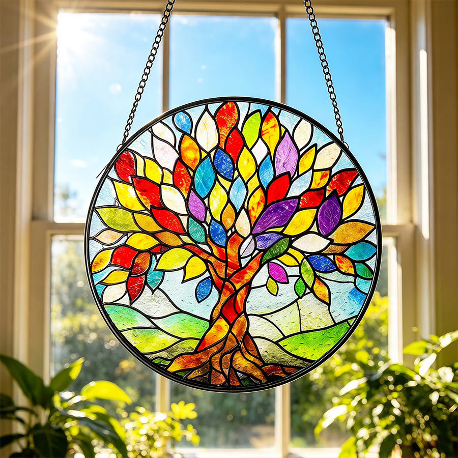 Olivenorma Attrape-soleil en vitrail 2D plat bohème multicolore motif arbre de vie - 30 cm x 30 cm - image 0