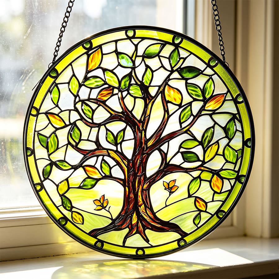 Olivenorma 2D Rond Vert Arbre de Vie Vitrail en Verre Attrape-Soleil - image 2