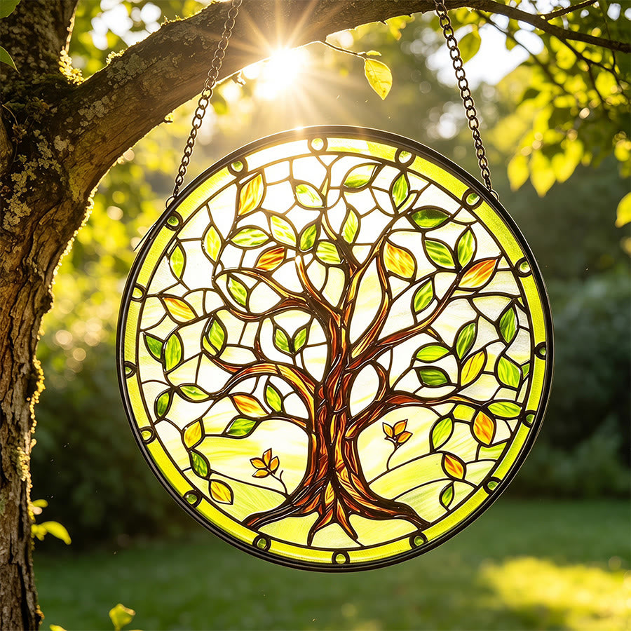 Olivenorma 2D Rond Vert Arbre de Vie Vitrail en Verre Attrape-Soleil - 30 cm x 30 cm - image 0