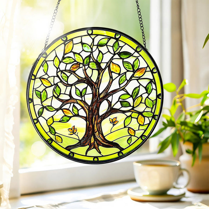 Olivenorma 2D Rond Vert Arbre de Vie Vitrail en Verre Attrape-Soleil - image 1