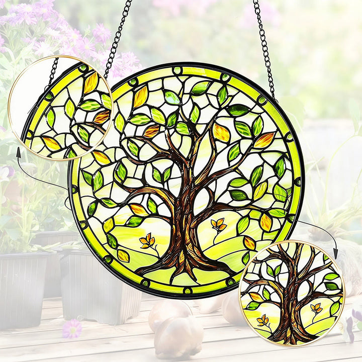 Olivenorma 2D Rond Vert Arbre de Vie Vitrail en Verre Attrape-Soleil - image 3