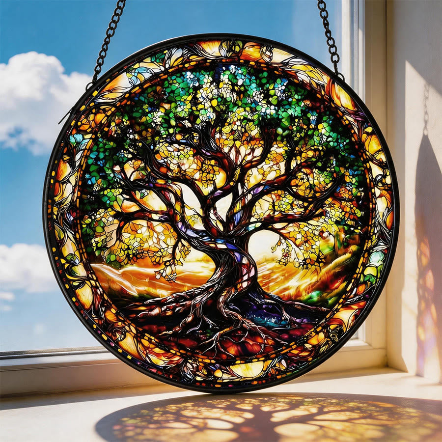 Olivenorma 2D Vintage Couleur Mosaïque Arbre de Vie Enraciné Verre Attrape-soleil - 30 cm x 30 cm - image 0