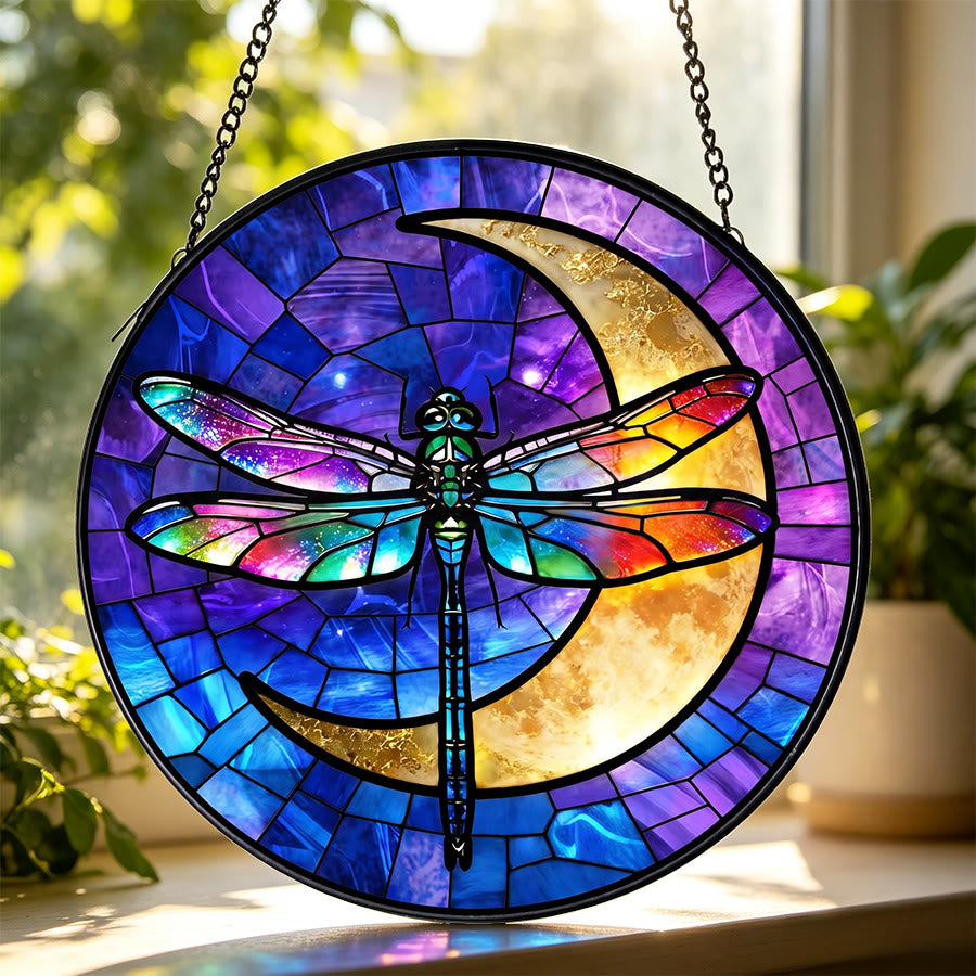 Olivenorma 2D Rond Arc-en-ciel Libellule Croissant de Lune Vitrail Attrape-soleil - 30 cm x 30 cm - image 0