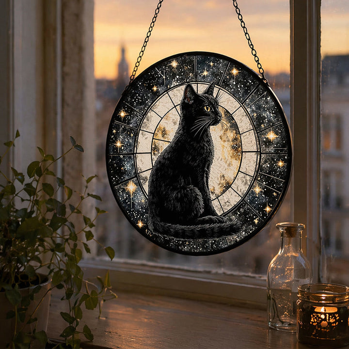 Olivenorma 2D Mystique Pleine Lune Chat Noir Attrape-soleil en Vitrail à suspendre à la fenêtre - image 2