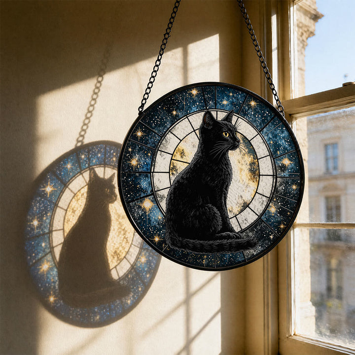 Olivenorma 2D Mystique Pleine Lune Chat Noir Attrape-soleil en Vitrail à suspendre à la fenêtre - image 1