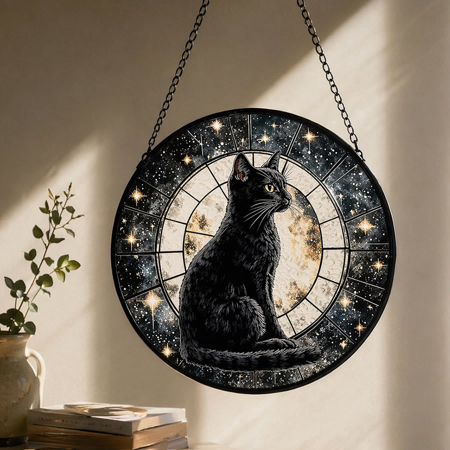 Olivenorma 2D Mystique Pleine Lune Chat Noir Attrape-soleil en Vitrail à suspendre à la fenêtre - 30 cm x 30 cm - image 0