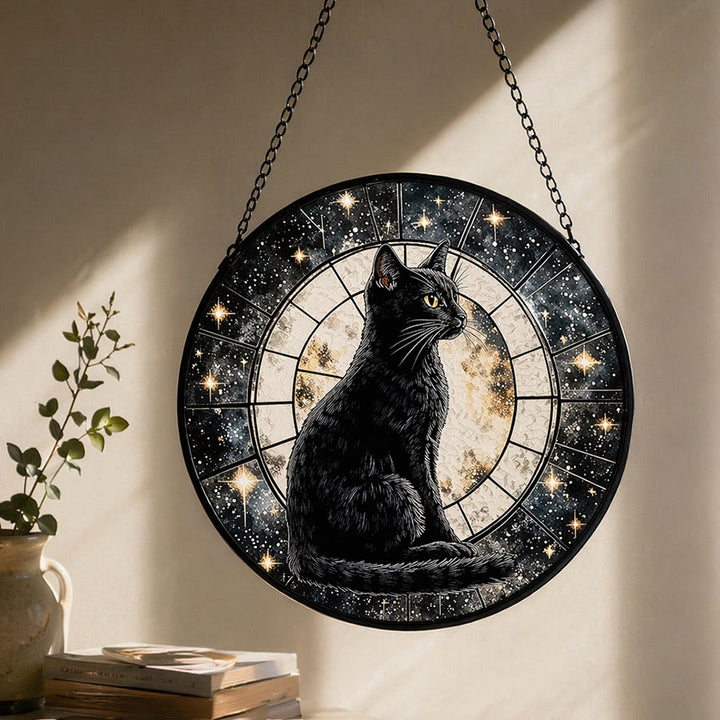 Olivenorma 2D Mystique Pleine Lune Chat Noir Attrape-soleil en Vitrail à suspendre à la fenêtre - 30 cm x 30 cm - image 0