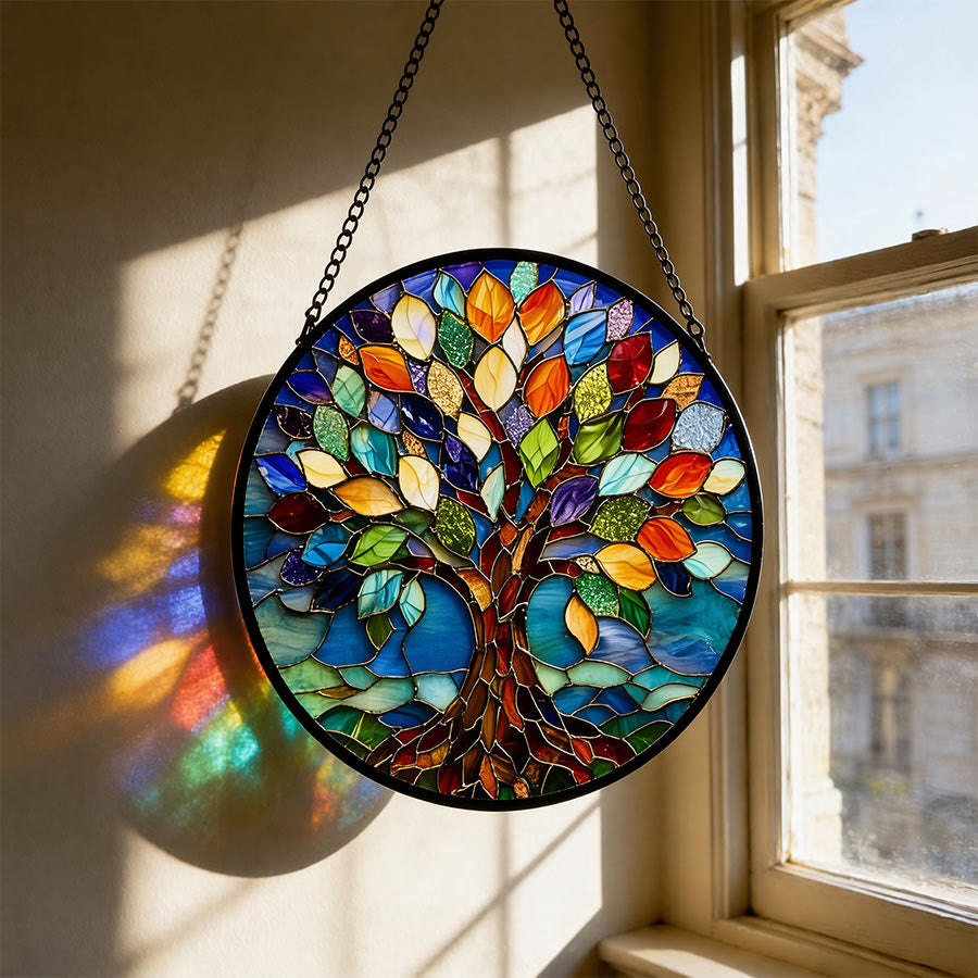 Olivenorma 2D Rond Coloré Arbre de Vie Spirituel Vitrail Attrape-soleil - 30 cm x 30 cm - image 0
