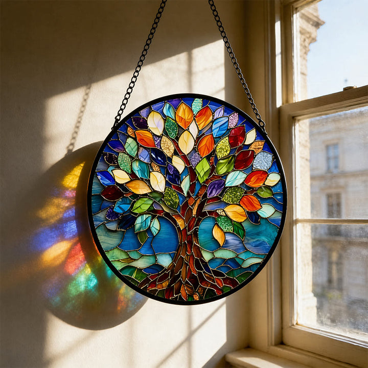 Olivenorma 2D Rond Coloré Arbre de Vie Spirituel Vitrail Attrape-soleil - 30 cm x 30 cm - image 0